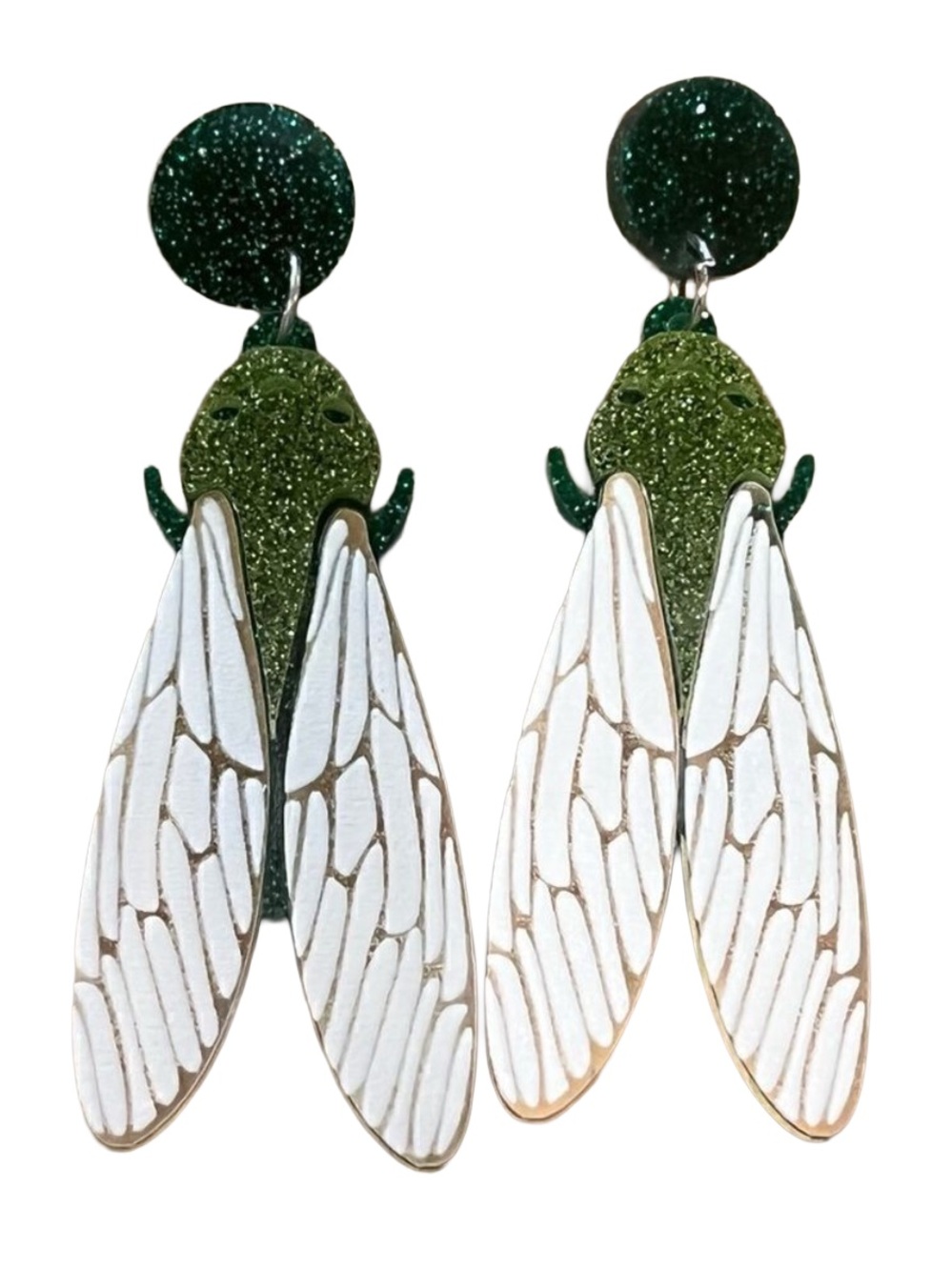 Sparkly Acrylic Beetle Earrings Bug Green White Wings Lightweight